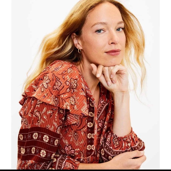 LOFT Auburn Bouquet‎ Boho ruffle split neck floral print blouse top Sz XL - Picture 9 of 9